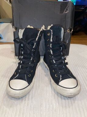Converse Black High-Top Sneakers with White Toe Caps and Faux Shearling Trim